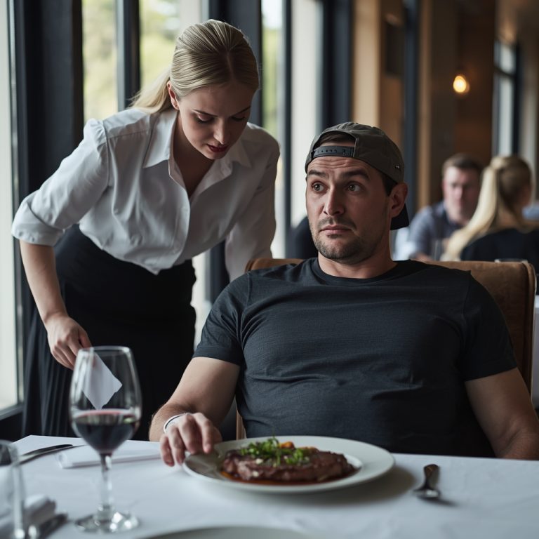 Szef pod przykrywką zamawia stek – kelnerka dyskretnie wsuwa mu karteczkę, która odbiera mu mowę